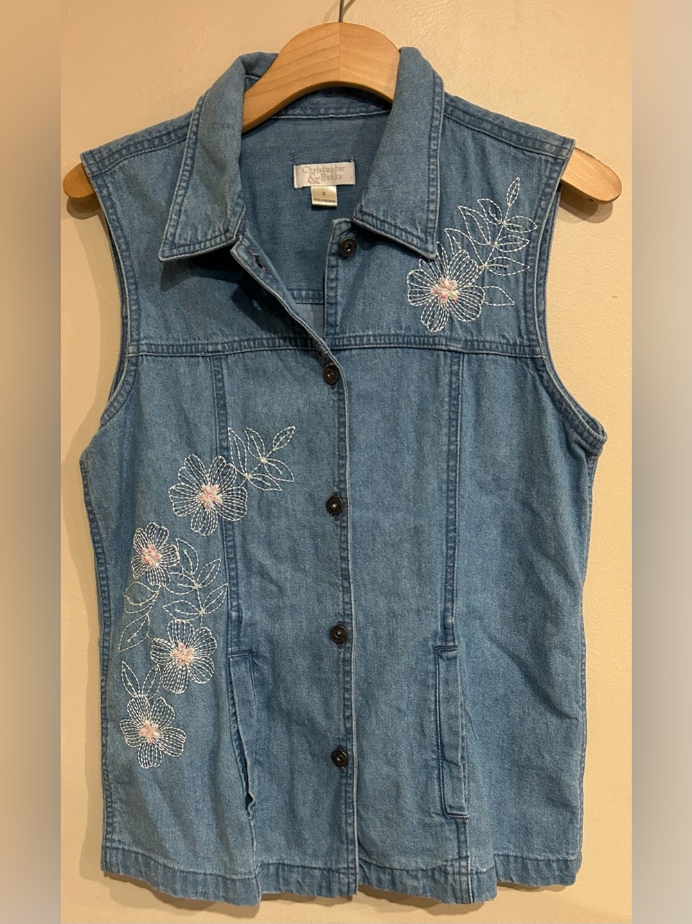 VTG Christopher & Banks Denim ButtonDown Floral Embroidered Sz Small Festival